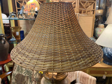 Large Brown Ceramic Lamp With Rattan Shade