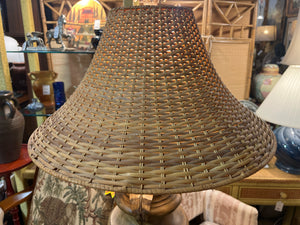 Large Brown Ceramic Lamp With Rattan Shade