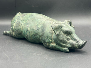 12" Antique Bronze Sleeping Pig Statue
