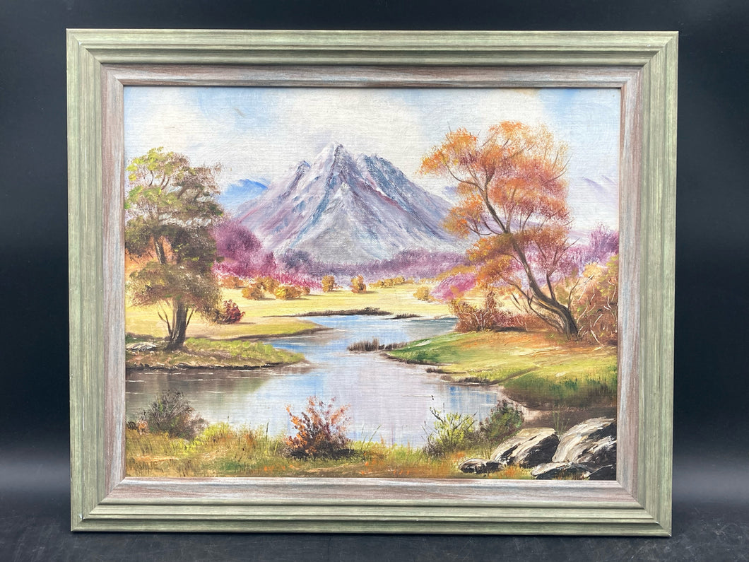 Artist Signed Mountain Lake Landscape Acrylic Painting, Framed