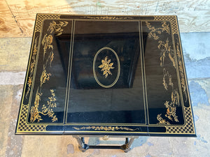 Mid Century Drexel Asian Chinoiserie Black Lacquer Small Gateleg Side Table