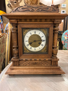 Antique Hand Carved Mantle Clock With Key