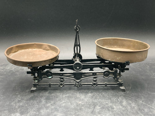 Antique 2 Kilogram Cast Iron Balance Scale W/ Brass Pans