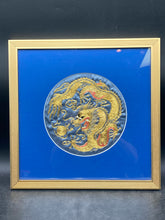 Vintage Chinese Golden Dragon Silk Embroidery Roundel Framed Art