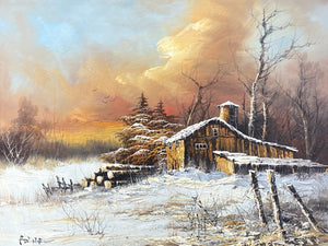 Artist Signed Winter Landscape Oil Painting, Framed