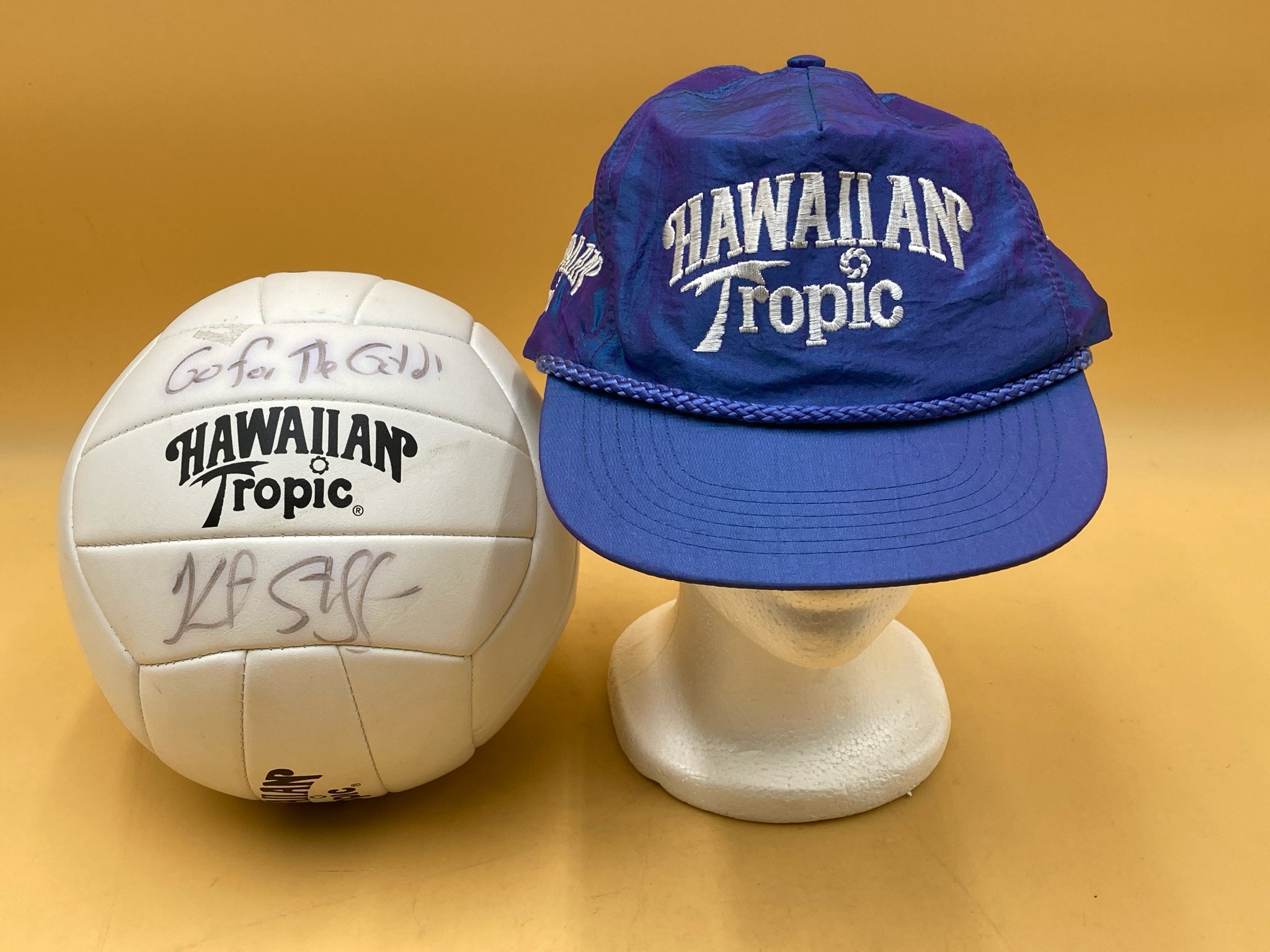 Kent Steffes Signed Volleyball And Match Worn Hawaiian Tropic Hat