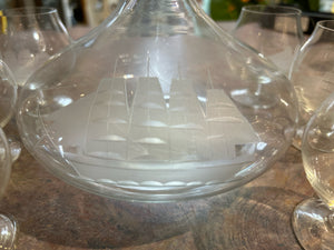 Crystal Etched Ship's Decanter with 6 Etched Cups