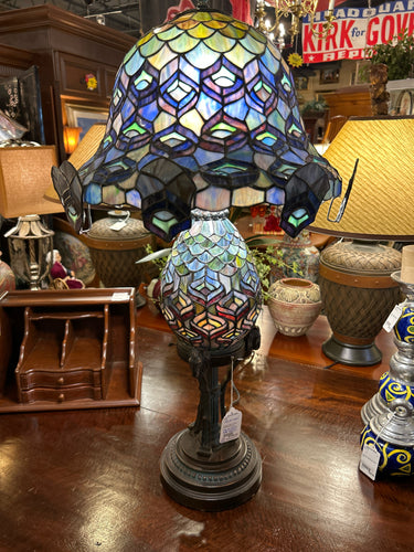 Meyda Tiffany Feather Peacock Table Lamp, One Of A Kind Sample Model