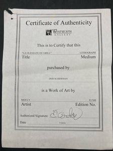 Marcel Mouly Signed "La Olessate Ou Grill" Limited Edition Lithograph W/ CoA