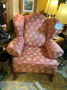 Large Orange Flower Print Wing Back Chair