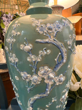 Tall Teal Asian Cherry Blossom Ceramic Lamp