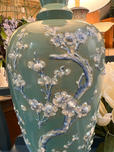 Tall Teal Asian Cherry Blossom Ceramic Lamp