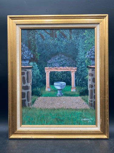 Artist Signed Garden Courtyard Landscape Acrylic Painting