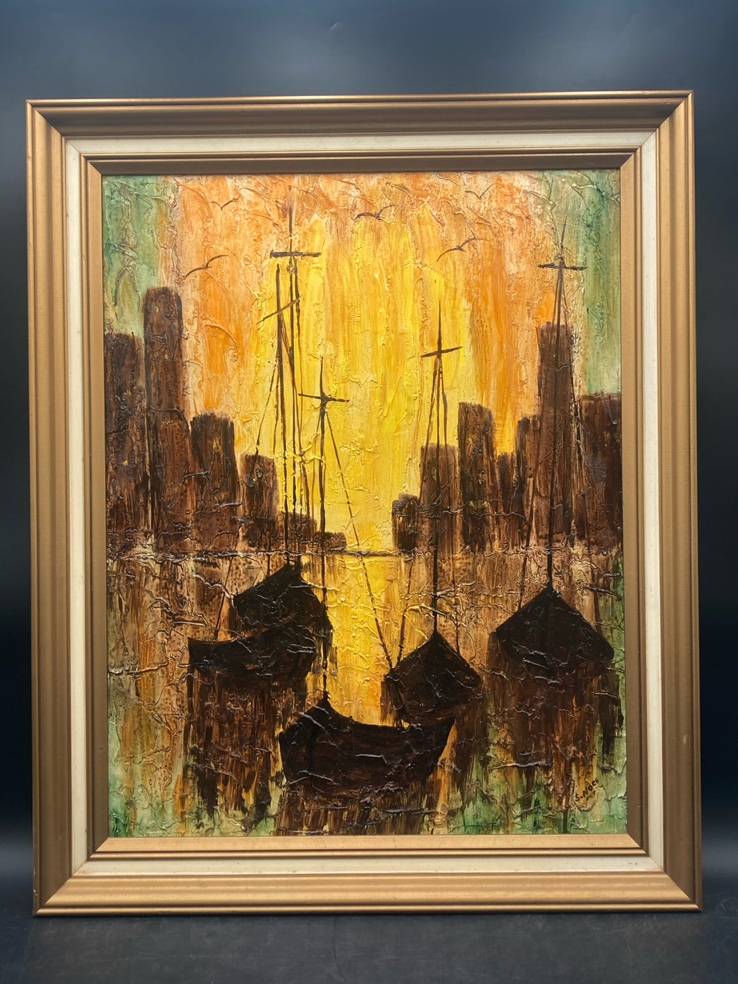 Artist Signed Nautical Themed Marina Oil Painting