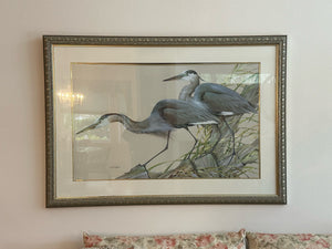 SIGNED ART LAMAY "BLUE HERONS" 27-1/2" X 44-1/2". GLAZED, DOUBLE MATTED AND FRAMED.