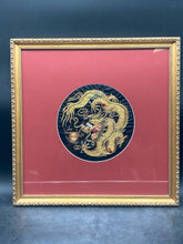 Framed Chinese Golden Dragon Silk Embroidered Roundel Art