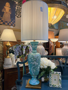 Tall Teal Asian Cherry Blossom Ceramic Lamp
