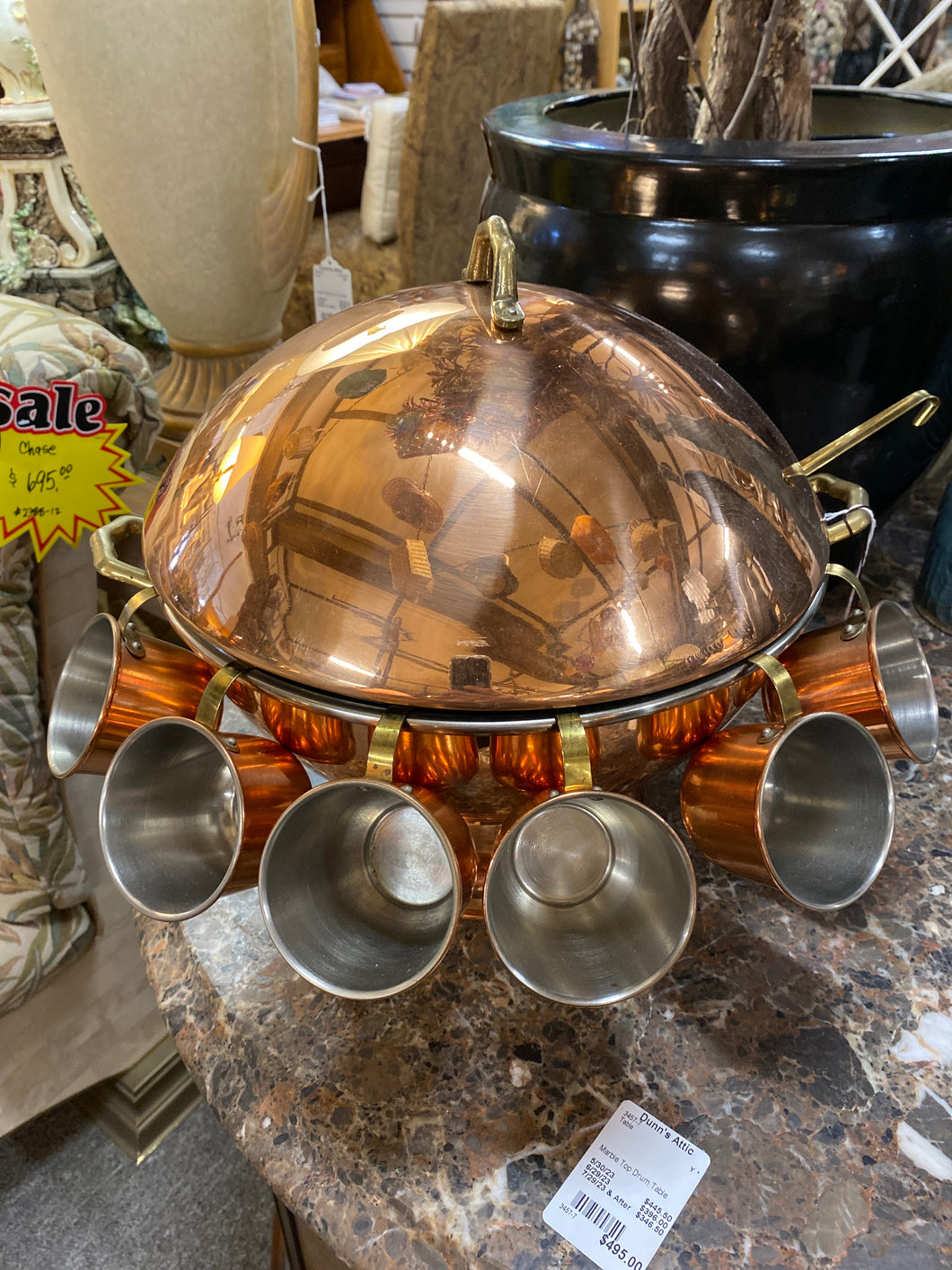 Copper Punch Bowl With 6 Cups, Ladle and Lid