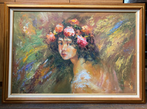H. Arlene Signed Flower Girl Oil Painting