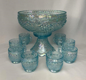 Imperial Grape & Cable Aqua Carnival Glass Punch Bowl Set