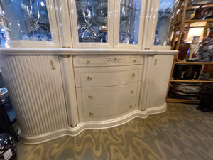 Italian White Lacquered Lighted Hutch w/ Curved Glass