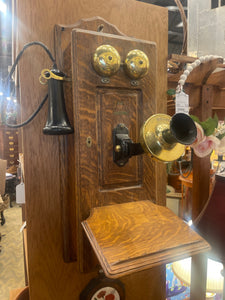 Antique Oak Wood Hand Crank Wall Phone