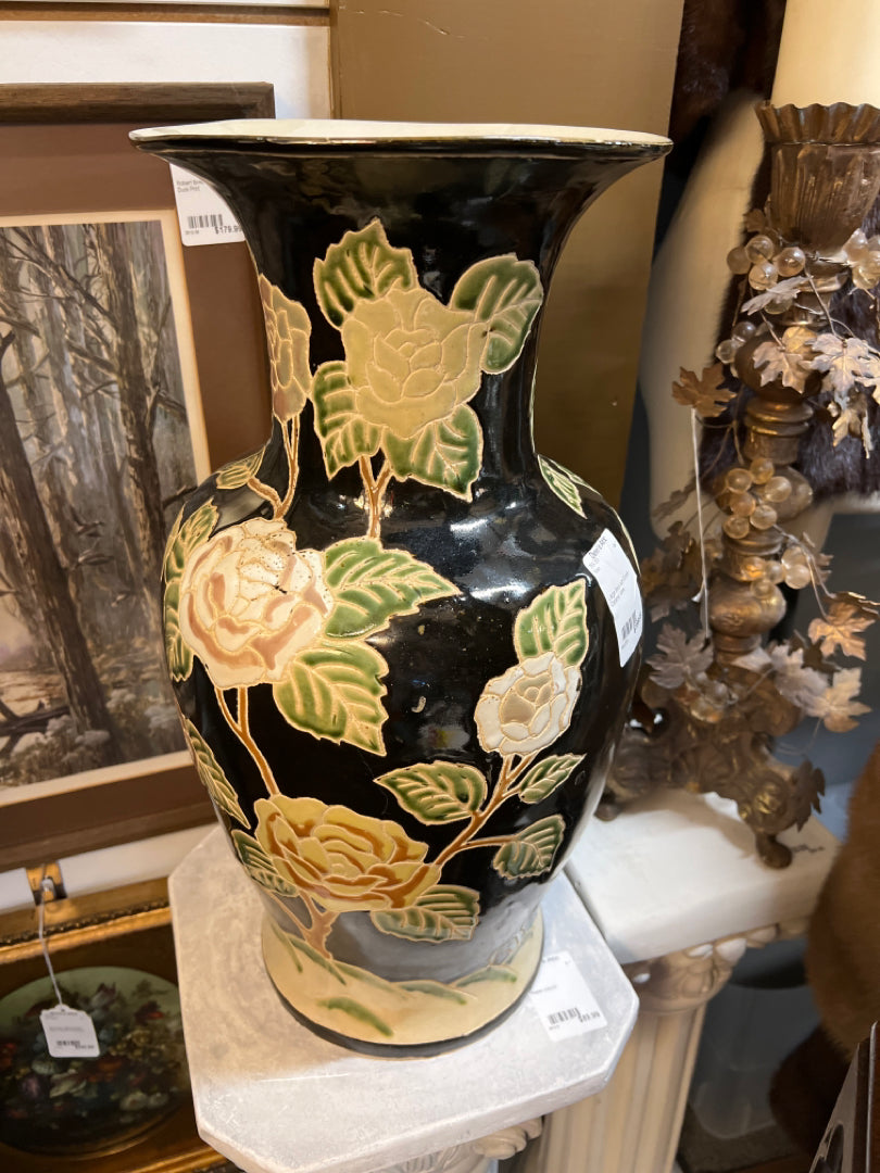 Large Black with flowers Ceramic Vase