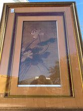 Large Framed Burgundy and Orange Matted Asian Print in Gold Frame