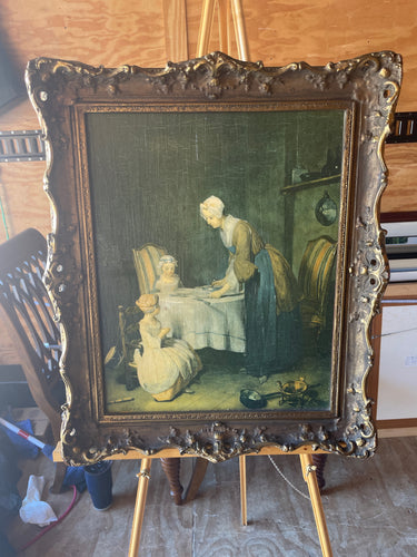 Colonial Woman and Children in Kitchen | Framed Oil Painting