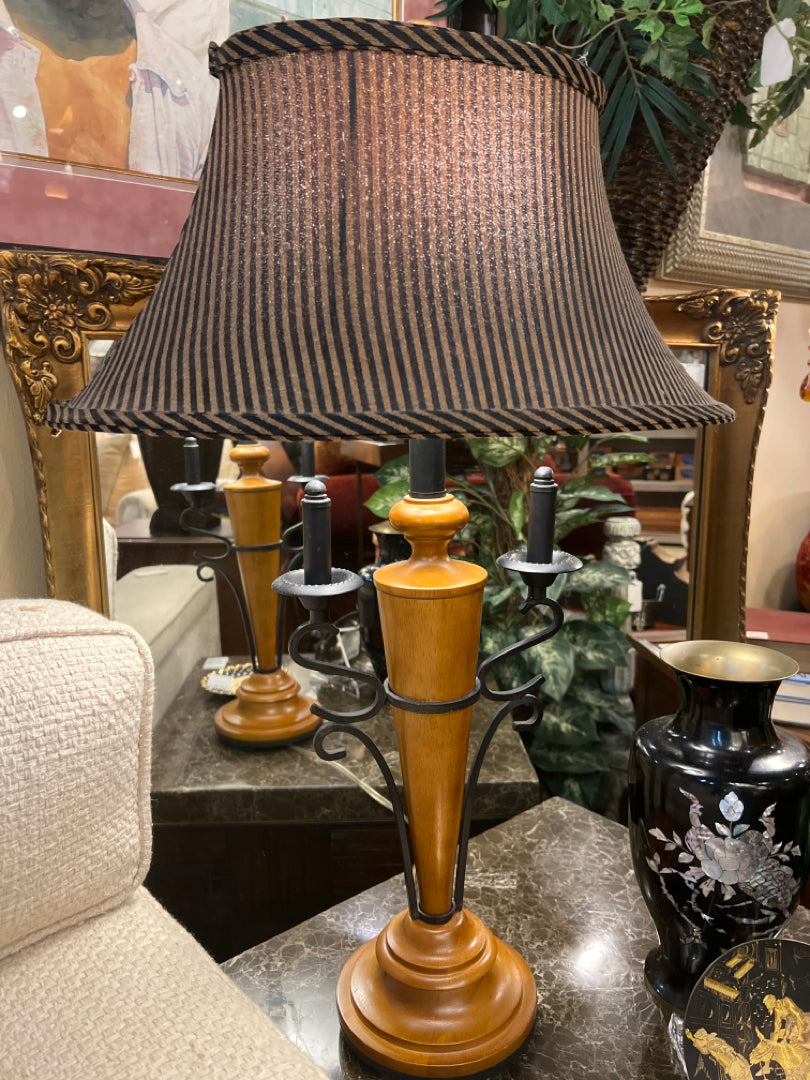 Wood and Metal Lamp With Striped Linen Shade