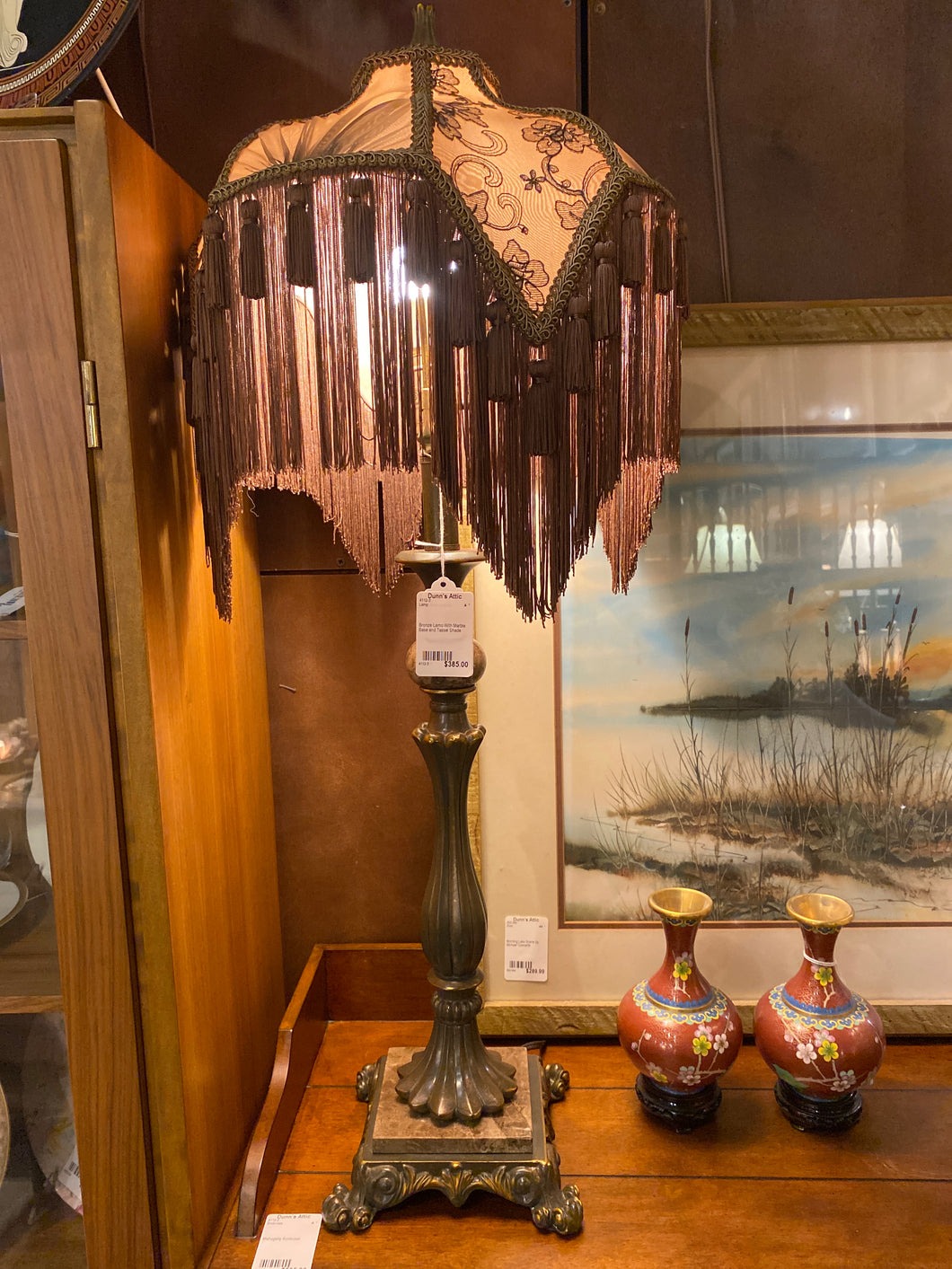 Bronze Lamp With Marble Base and Tassel Shade