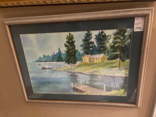 Untitled Countryside - Cabin by the Lake | M. Hardin (Framed Watercolor)