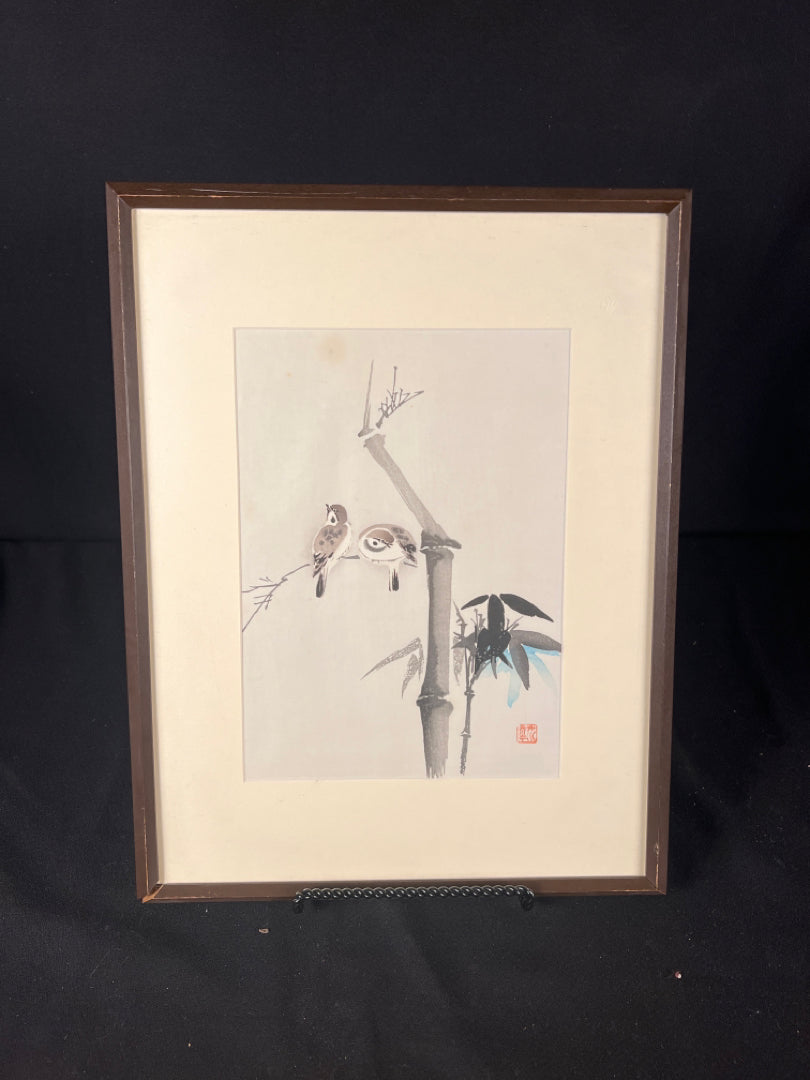 Japanese Woodblock Print | Two Birds Sitting On A Bamboo Branch