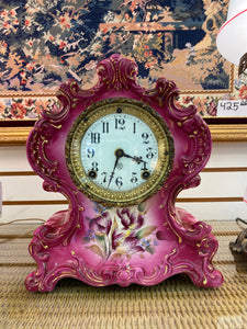 Antique Mantle Clock, Ansonia Waco Signed, Hand Painted Pompadour Pink