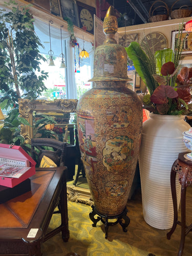 Large Repaired Asian Satsuma Floor Vase With Lid