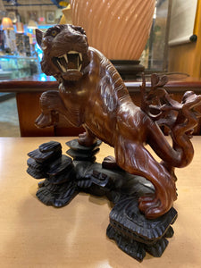 Asian Hand Carved Tiger on Perch