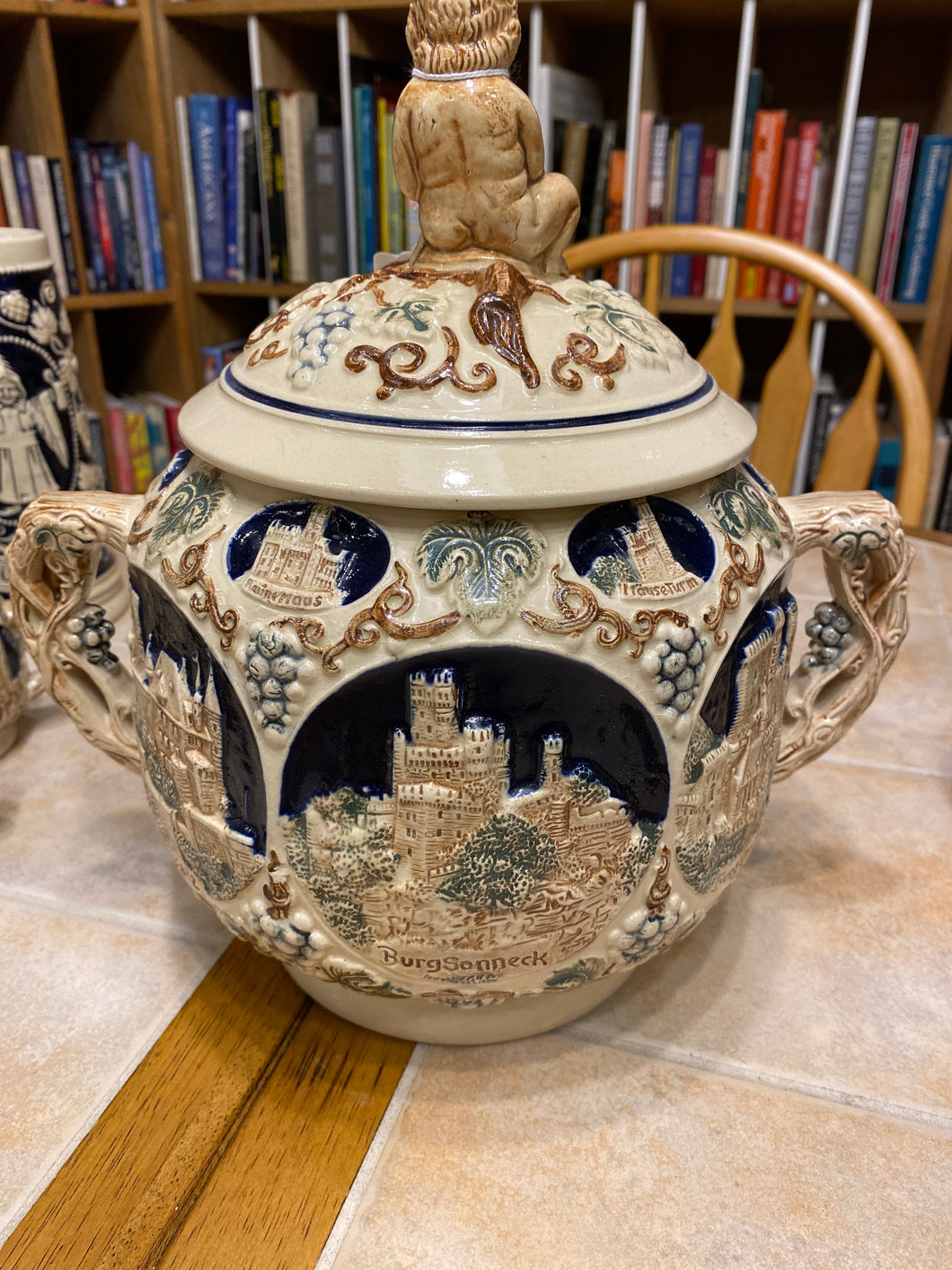 German Castle Punch Bowl With 11 Cups and Lid