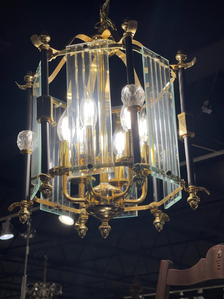 Brass and Glass Shade Chandelier 6 Lights