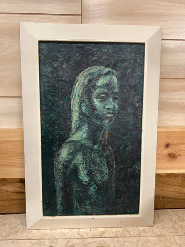 Oil Painted Woman's Side Profile. Dark Blue/Green. Framed, No Glass