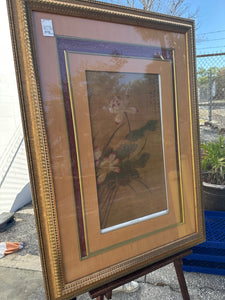 Large Framed Burgundy and Orange Matted Asian Print in Gold Frame